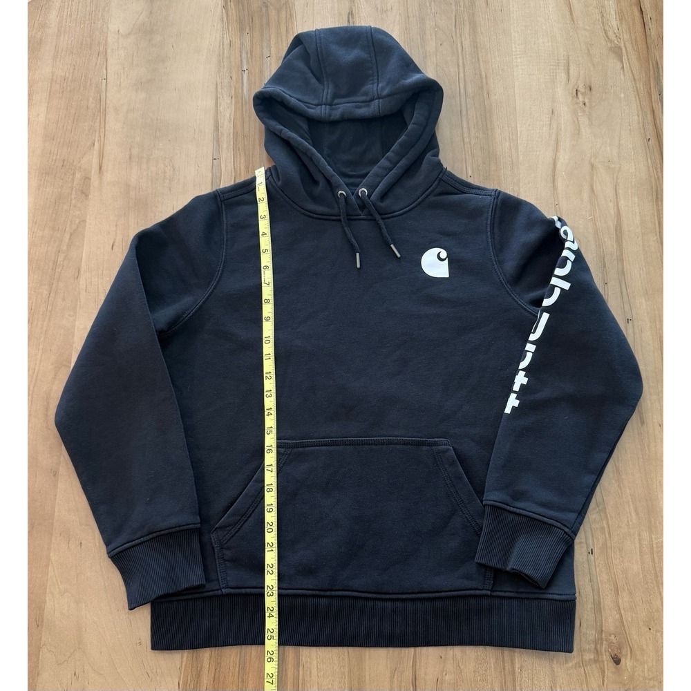 Womens Carhartt Size Large 12-14 Logo Sleeve Hoodie Black Relaxed Fit Sweatshirt - Picture 10 of 11
